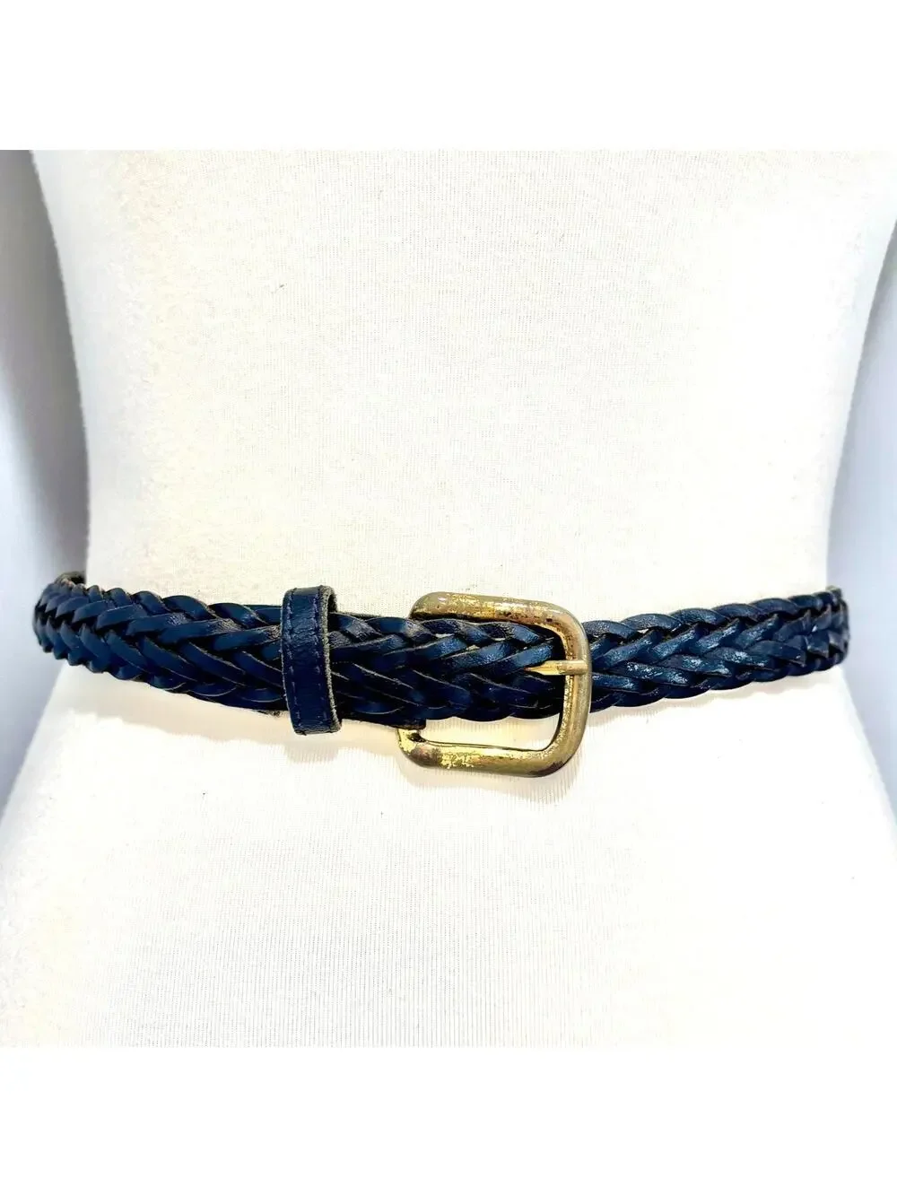 VTG Black Braided Leather Belt Woven Wheat Gold Brass Buckle, Size XL- XXL